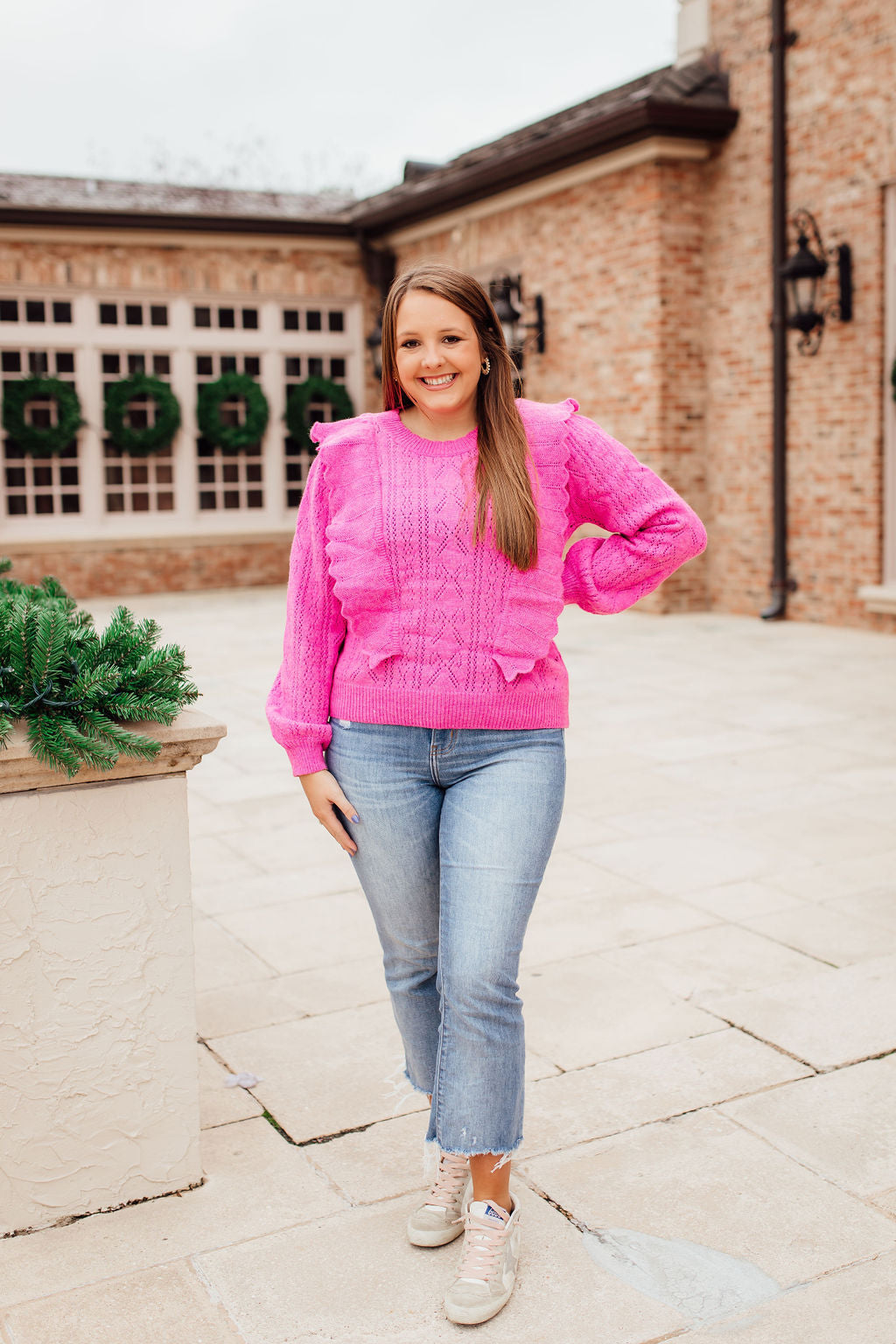 Ruffled Pointelle Knit Sweater