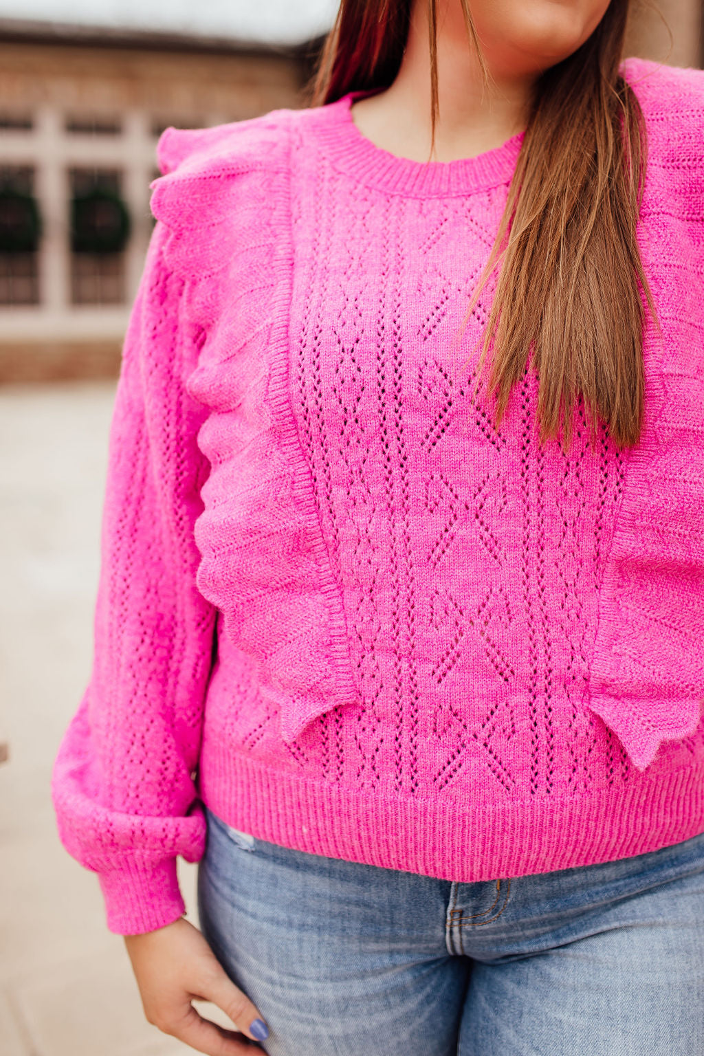 Ruffled Pointelle Knit Sweater