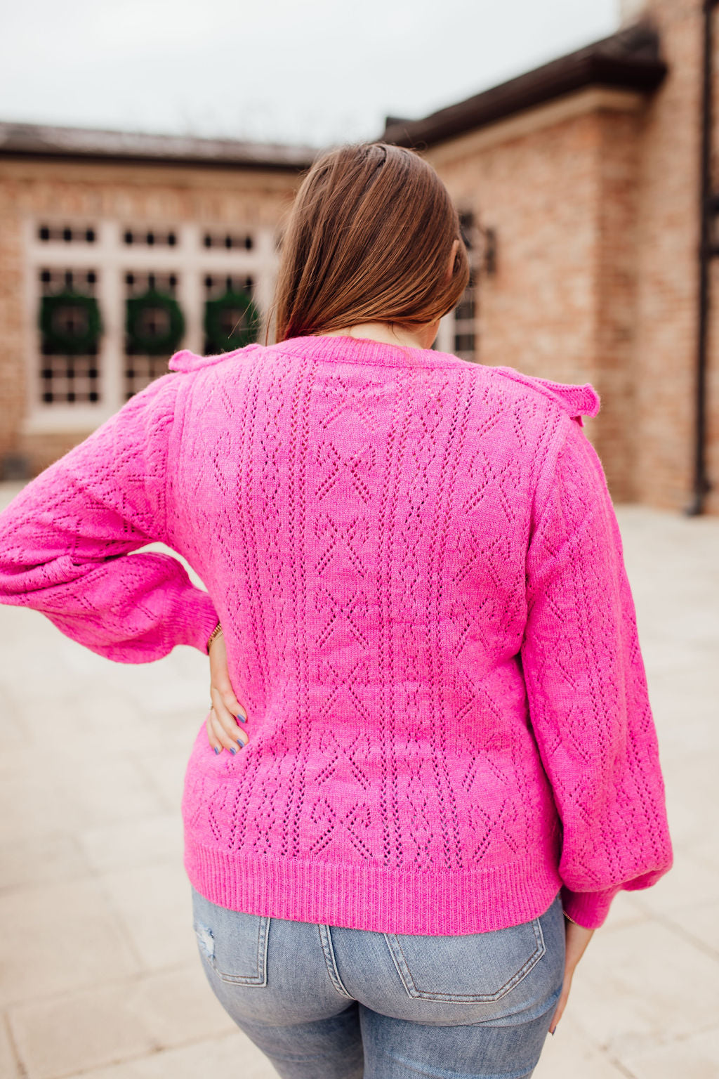 Ruffled Pointelle Knit Sweater