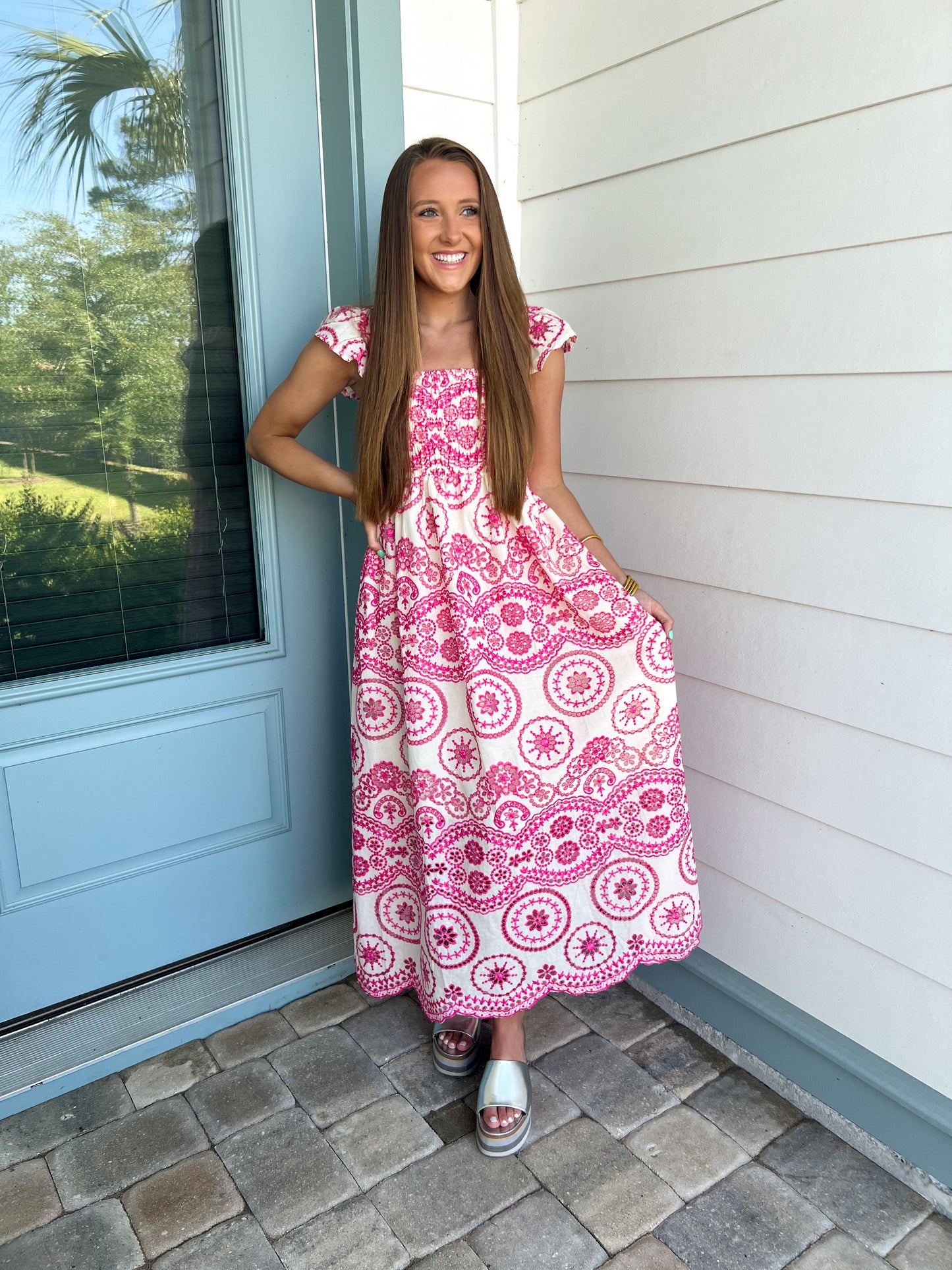 Fuchsia Embroidered Midi Dress