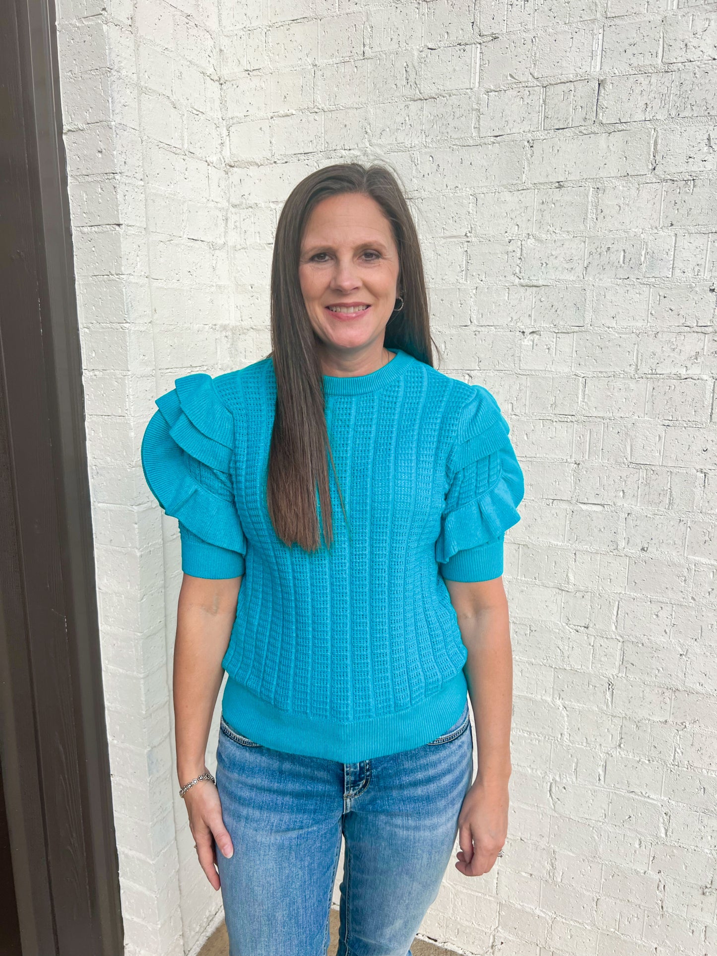 Teal Ruffle Knitted Top with Deco Sleeve