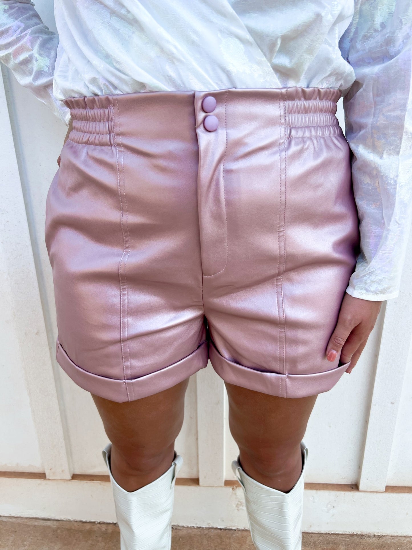 Faux Leather Paper Bag Shorts in Pink
